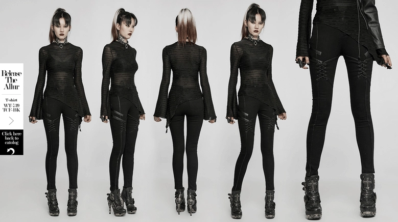 Black gothic lace-up skinny jeans full-body styling view, showcasing punk aesthetic and how to wear women's alternative gothic trousers