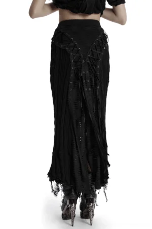 Black gothic lace-up knit maxi skirt back view showing asymmetric frayed hem and high waist design on female model