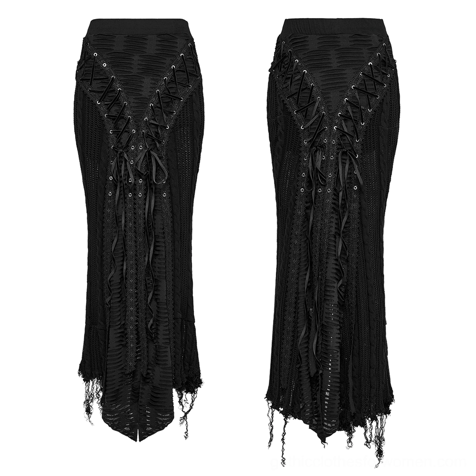 Black distressed gothic knit maxi skirt front flat lay displaying lace-up front panel and asymmetric frayed hem details