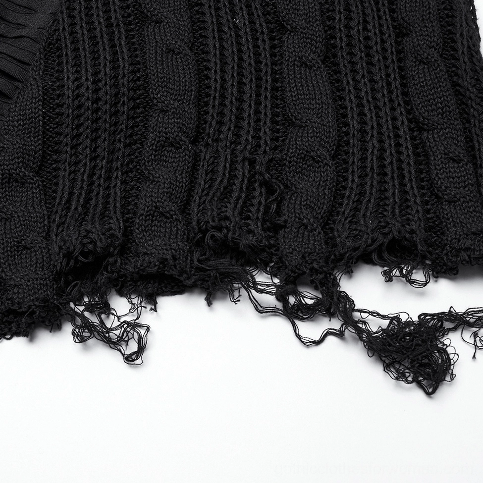 Black distressed gothic lace-up knit maxi skirt showing full product styling with asymmetric hem construction