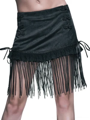 Black gothic lace-up mini skirt with chain tassel hem and frog buttons - front close-up view showing ruffled lace trim and waist details