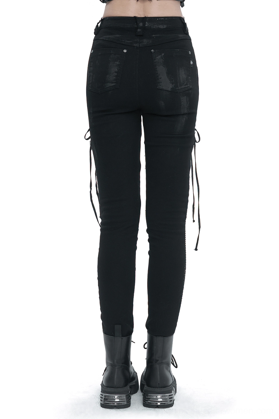 Black gothic punk trousers rear view on model displaying back pockets and side drawstring details with fishnet panels