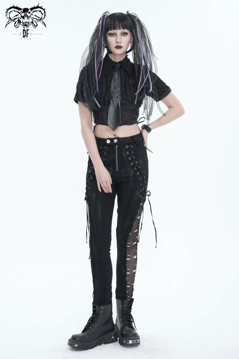 Black gothic punk trousers complete outfit styling with platform boots and gothic accessories