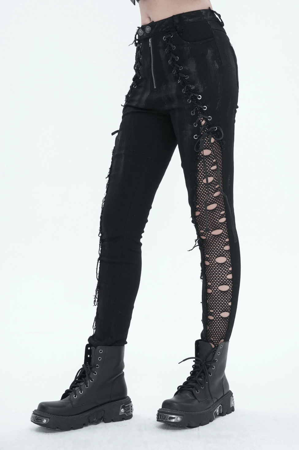 Black gothic punk trousers texture and fabric composition detail showing cotton spandex blend material