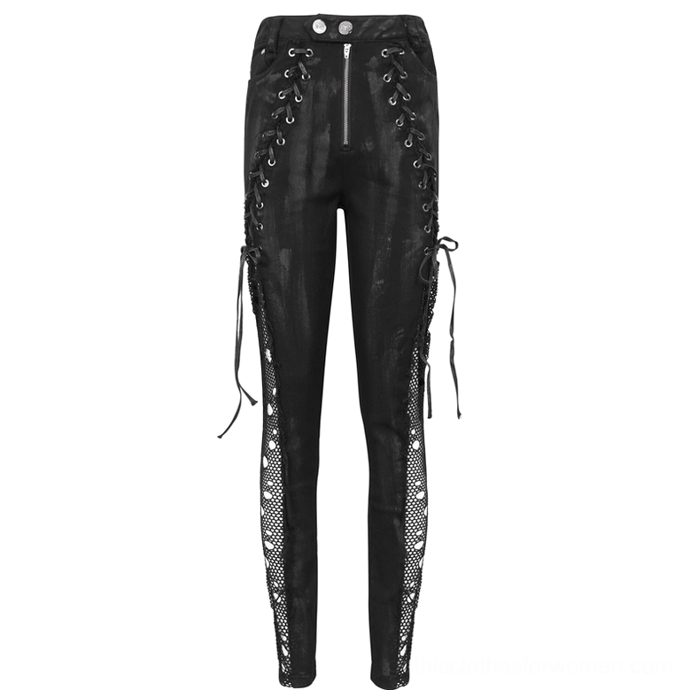 Black gothic lace-up punk trousers flat lay front view showing dual side lace-ups and fishnet cutout panels