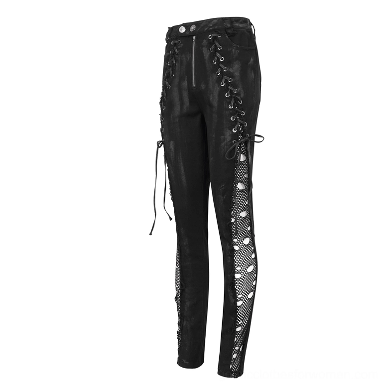Black gothic punk trousers flat product shot front view with visible front zip fly and side fishnet cutouts