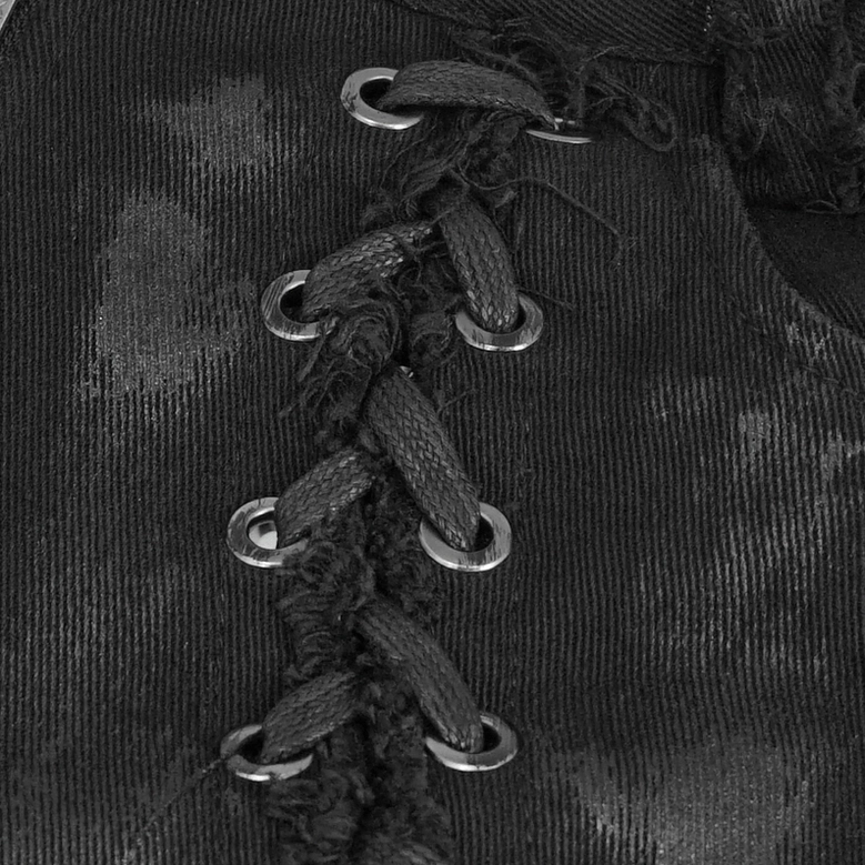 Black gothic lace-up punk trousers full length detail showcasing fitted silhouette and leg opening construction