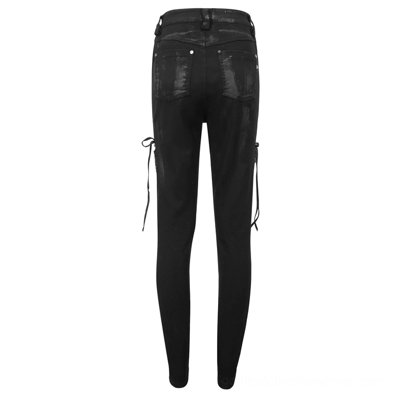 Black gothic punk trousers rear flat lay showing back pockets and side drawstring details
