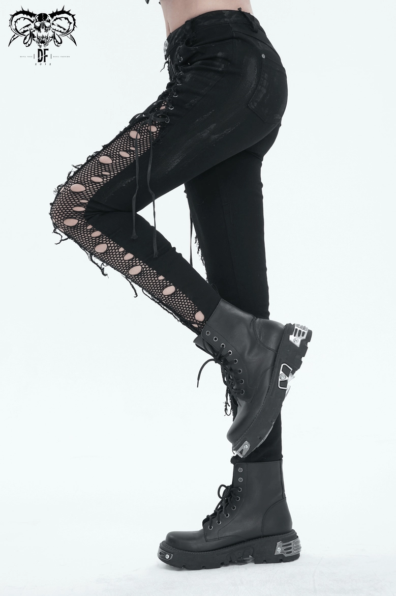 Black gothic lace-up punk trousers size range display showing fit across multiple sizing options