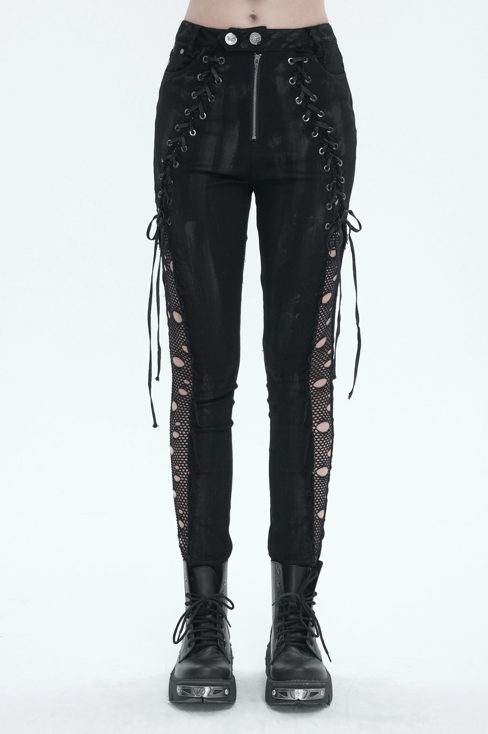 Black gothic punk trousers styled with alternative fashion accessories demonstrating versatile styling options