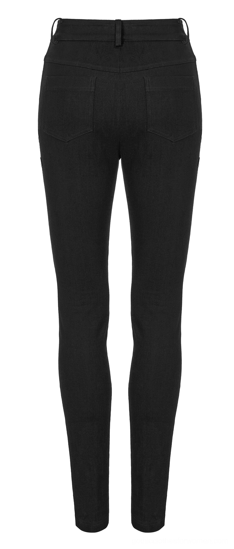 Back flat lay of black gothic lace-up skinny jeans, displaying back pockets and solid black denim construction of women's punk pants