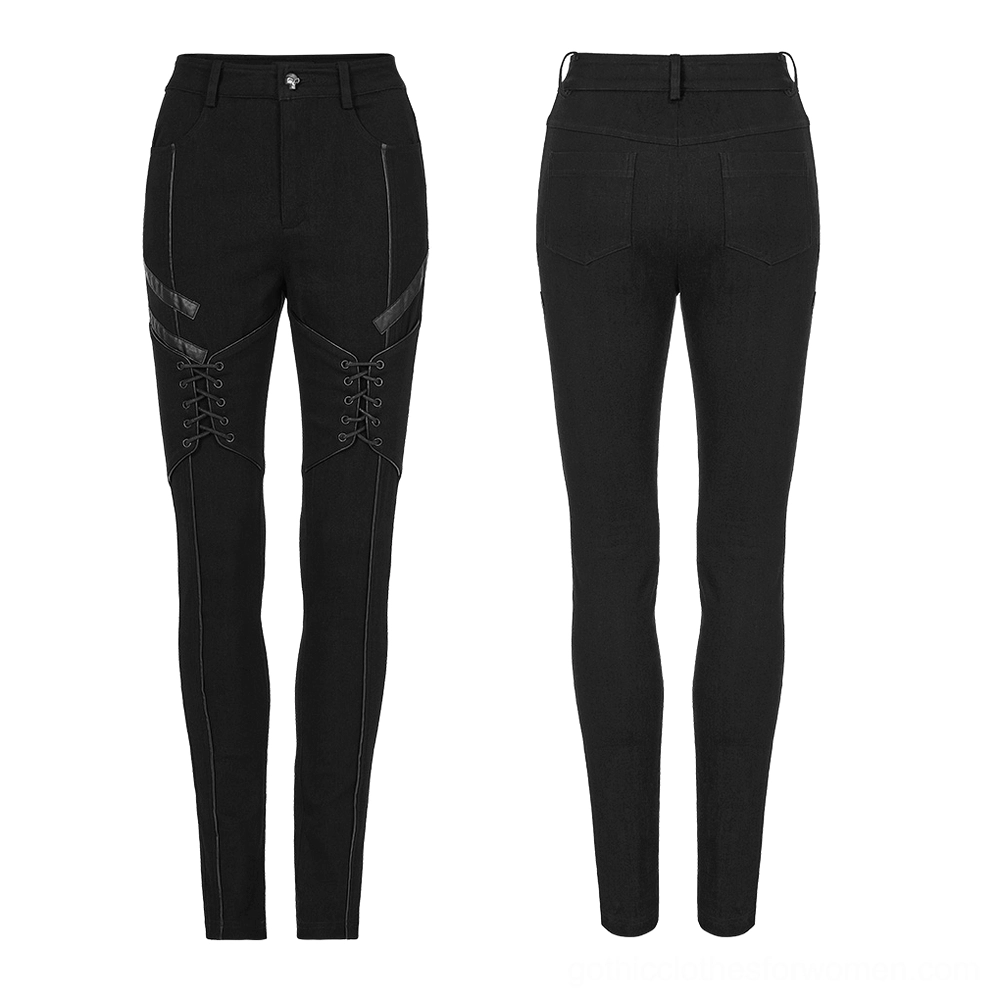 Front and back flat lay of black gothic lace-up skinny jeans, displaying full structure, leather trim accents, and punk design elements