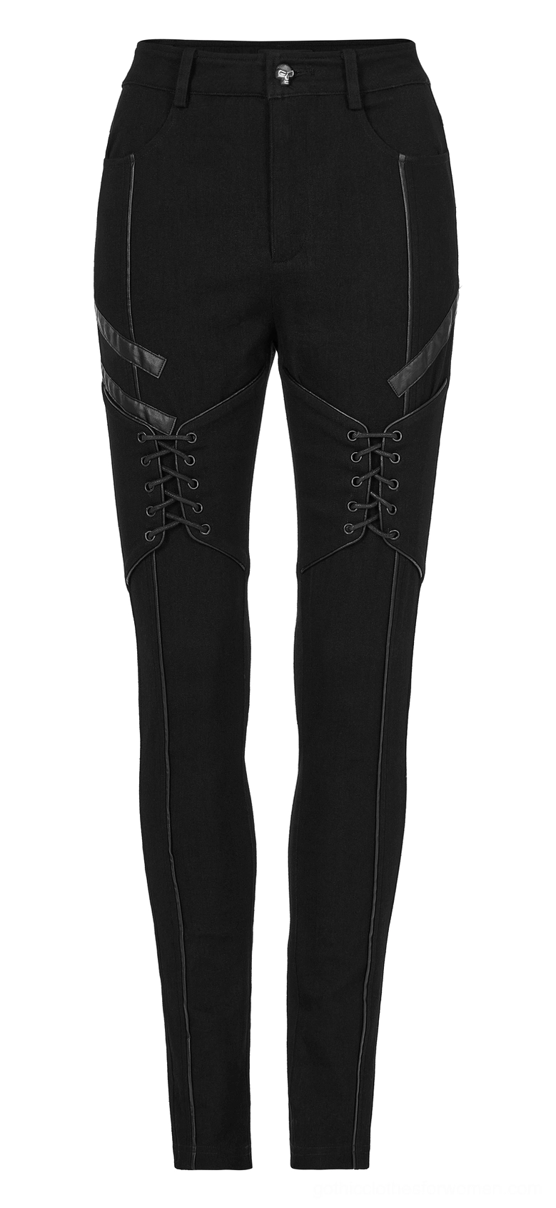 Front flat lay detail of black gothic lace-up skinny jeans, highlighting corded lacing system and faux leather thigh panel decorations
