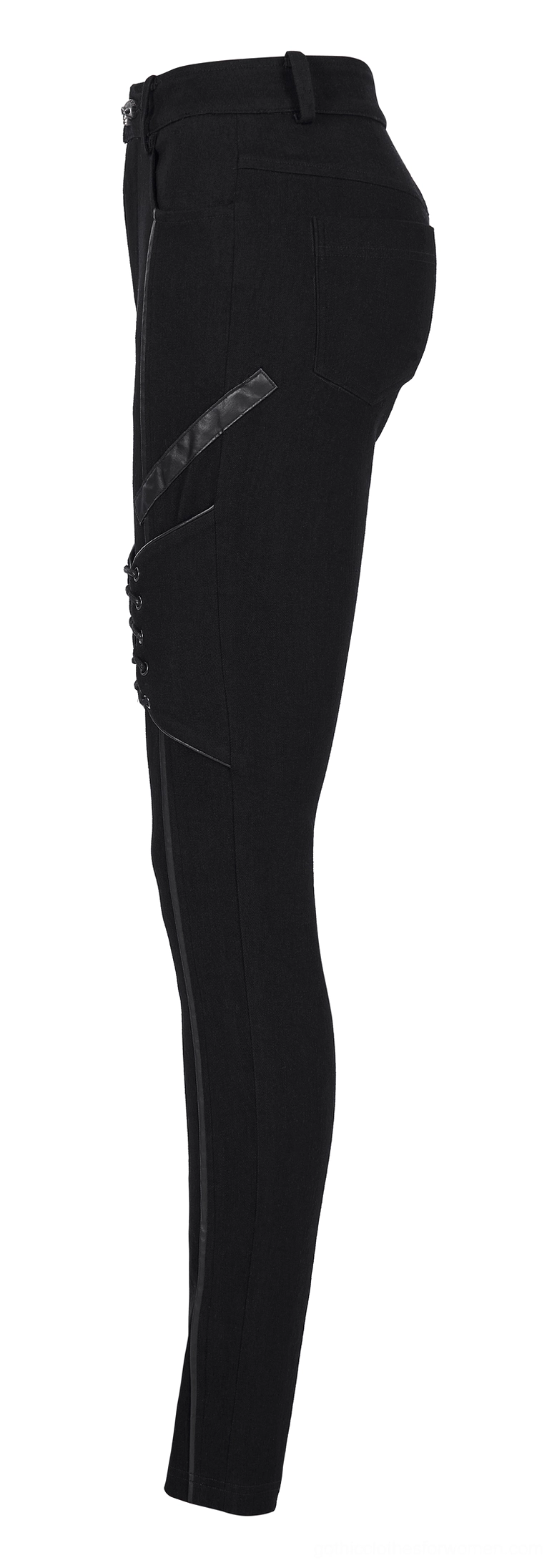 Side profile flat lay of black gothic lace-up skinny jeans, showcasing fitted silhouette, leather trim accents, and stitching details