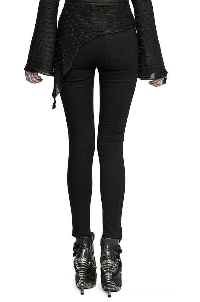 Back view of black gothic lace-up skinny jeans on model, showcasing fitted silhouette and back pocket design of punk aesthetic women's pants