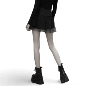 High-waist black gothic lace-up mini skirt back view showing pleated tulle and inelastic waistband structure