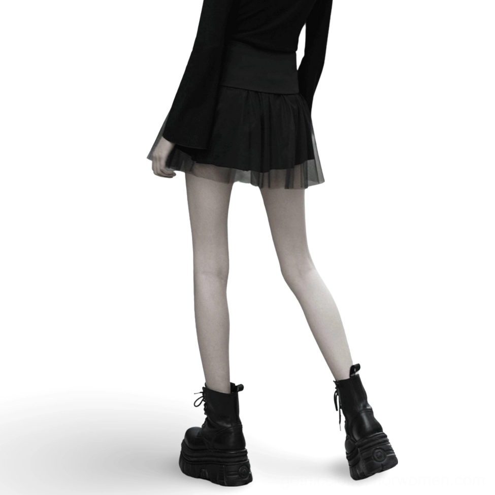 High-waist black gothic lace-up mini skirt back view showing pleated tulle and inelastic waistband structure