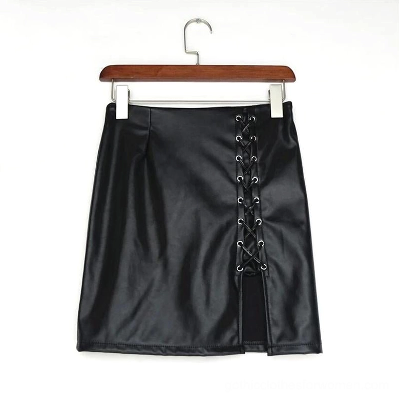 Black lace-up gothic pencil skirt flat lay front view with metal eyelets and side split detail