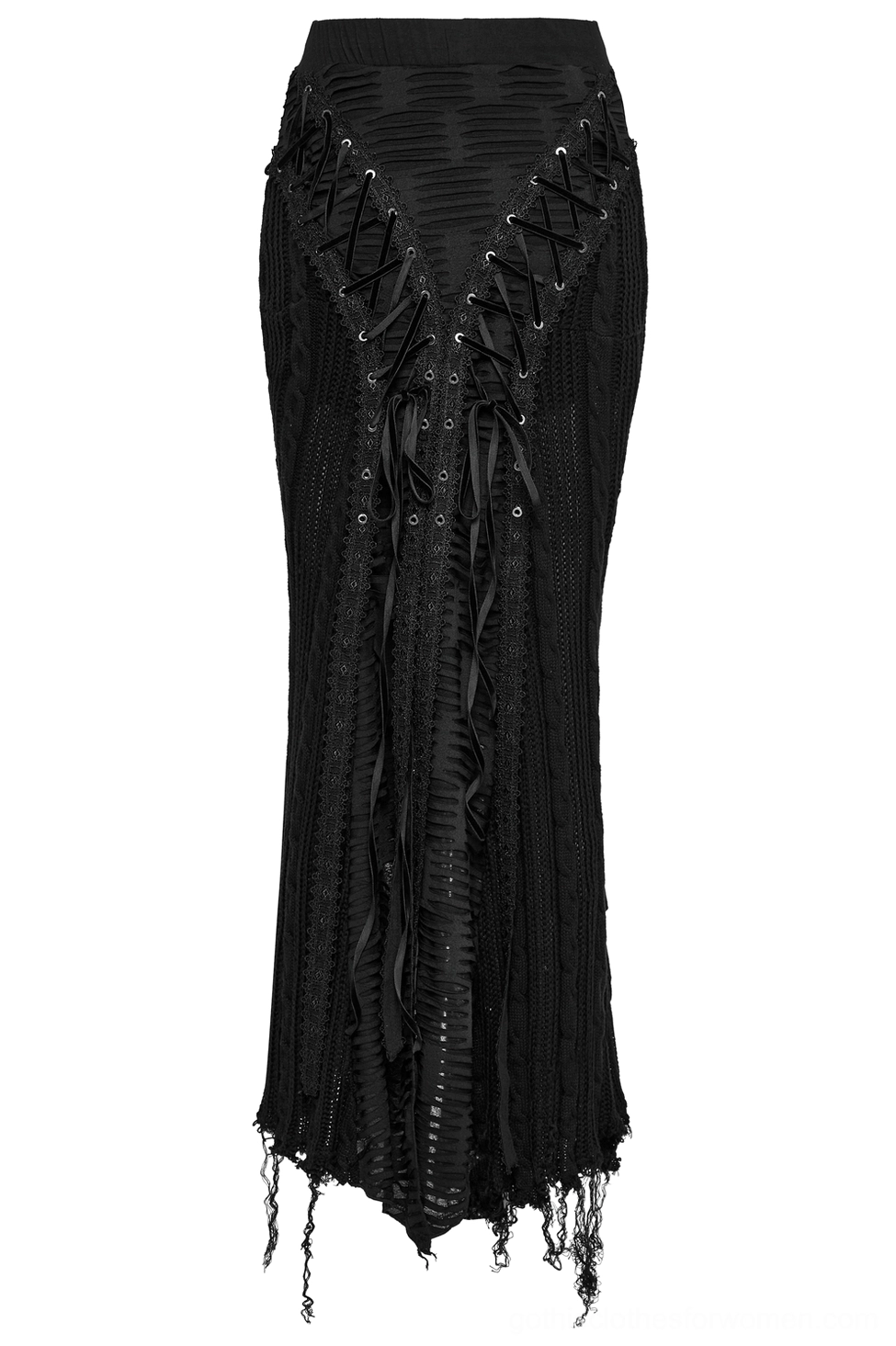 Black gothic lace-up knit maxi skirt front flat lay emphasizing diagonal lace-up details and asymmetric frayed hem