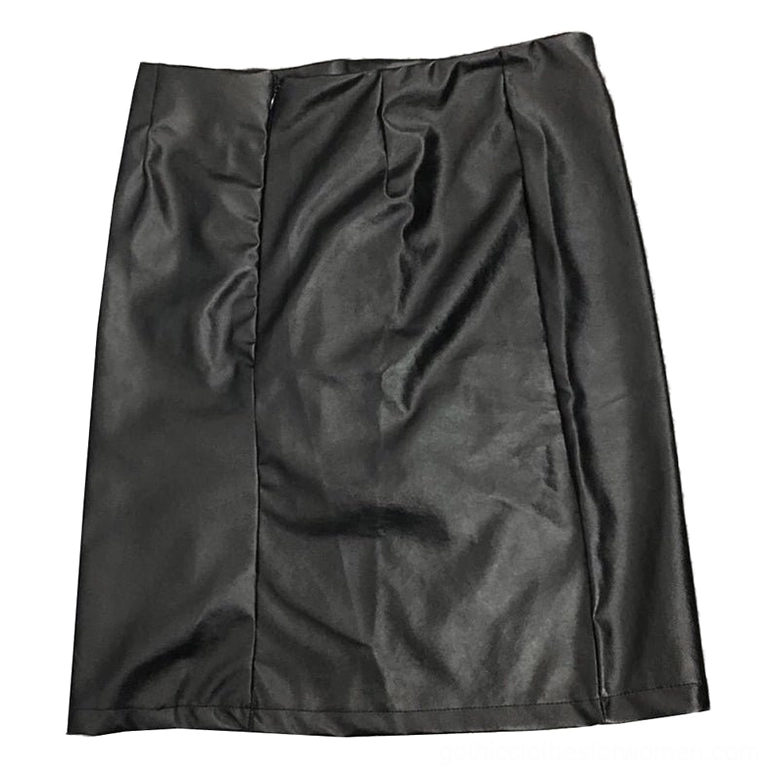 Black faux leather gothic skirt hanging on display hanger showing structured silhouette and front lacing