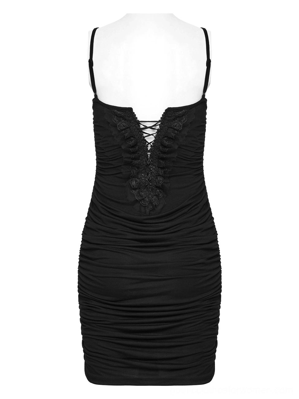 Black gothic slip dress back view on mannequin showing lace-up back closure and ruffle trim