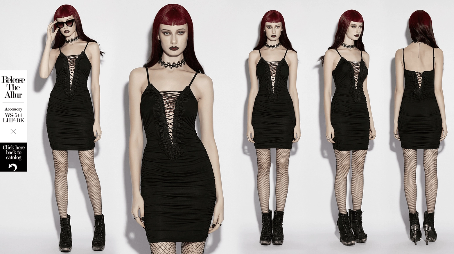 Black gothic lace-up slip dress complete styling view for alternative fashion and club wear