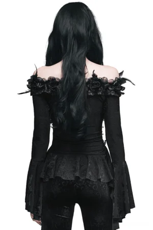 Black gothic long sleeve top with flared ruffled hem and off-shoulder design, back full view on female model