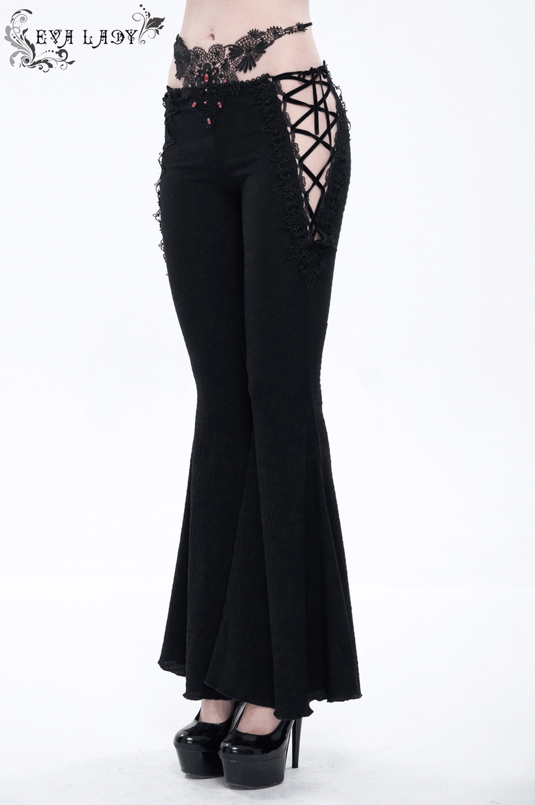 Alternative angle of black gothic lace-up trousers showcasing the flared hem and silhouette