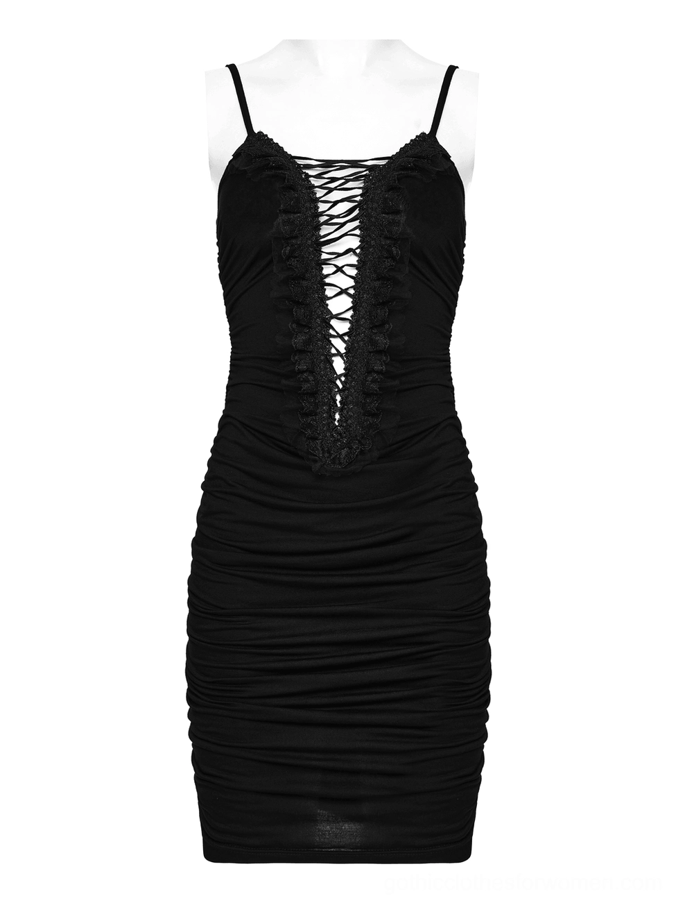Black gothic slip dress front on mannequin showing deep V lace-up neckline and bodycon fit