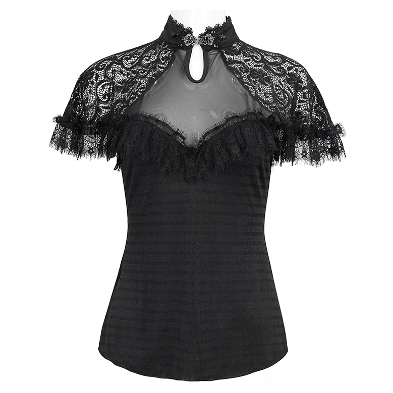 Black gothic lace raglan t-shirt flat lay front display showing v-neck and lace panel details
