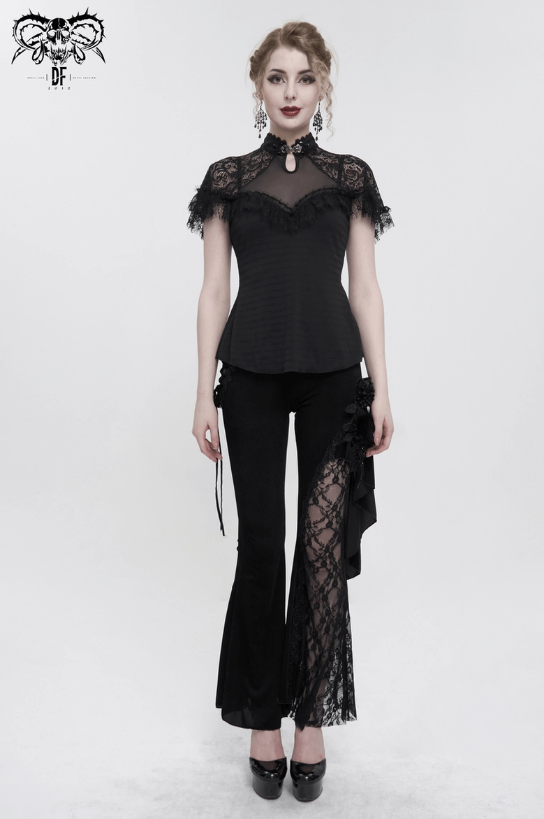 Black gothic lace v-neck t-shirt front styling shot displaying fitted silhouette and design