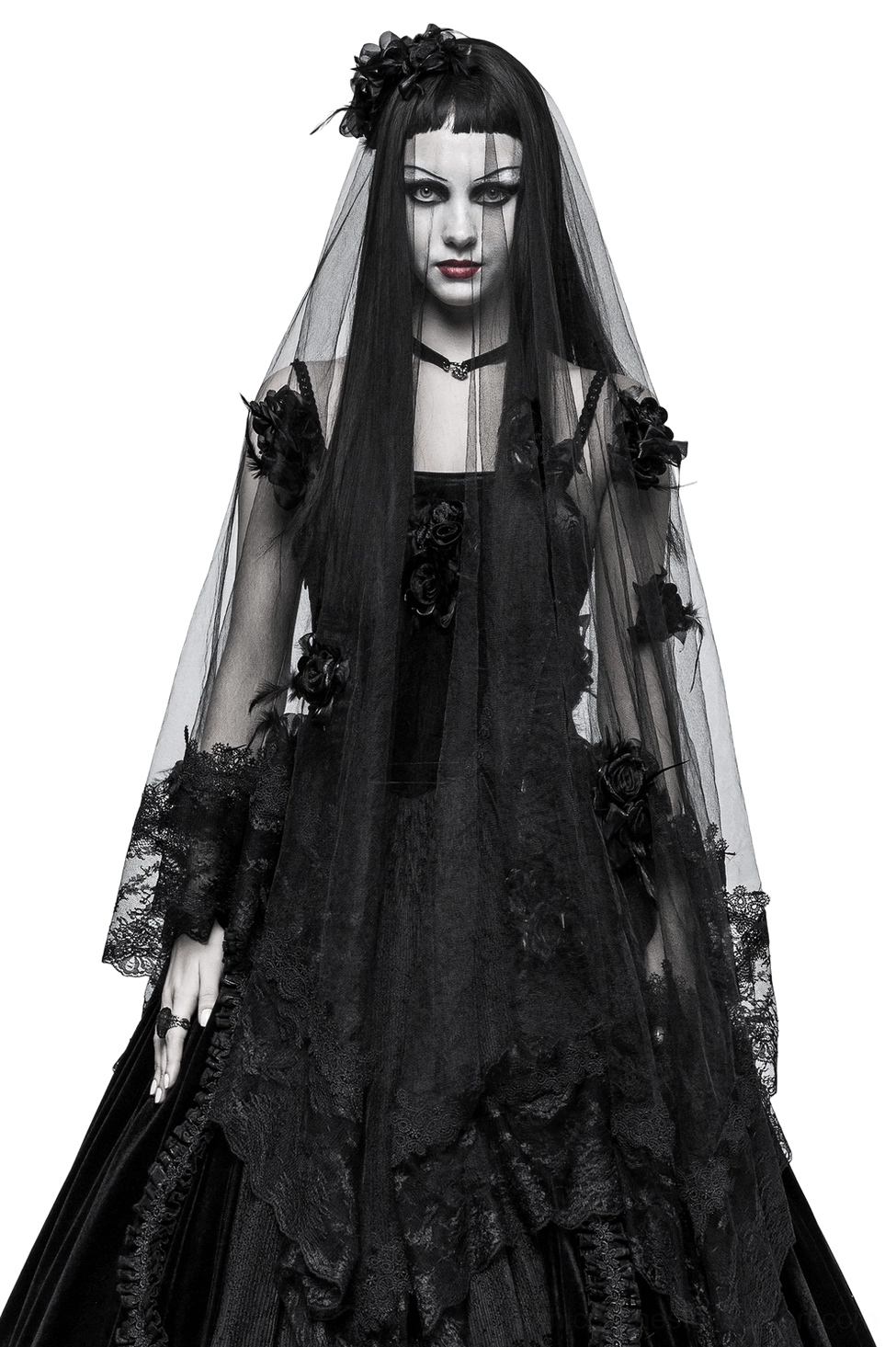 Black gothic lace wedding veil with 3D roses worn by model in front view, showing full veil drape and floral embellishments