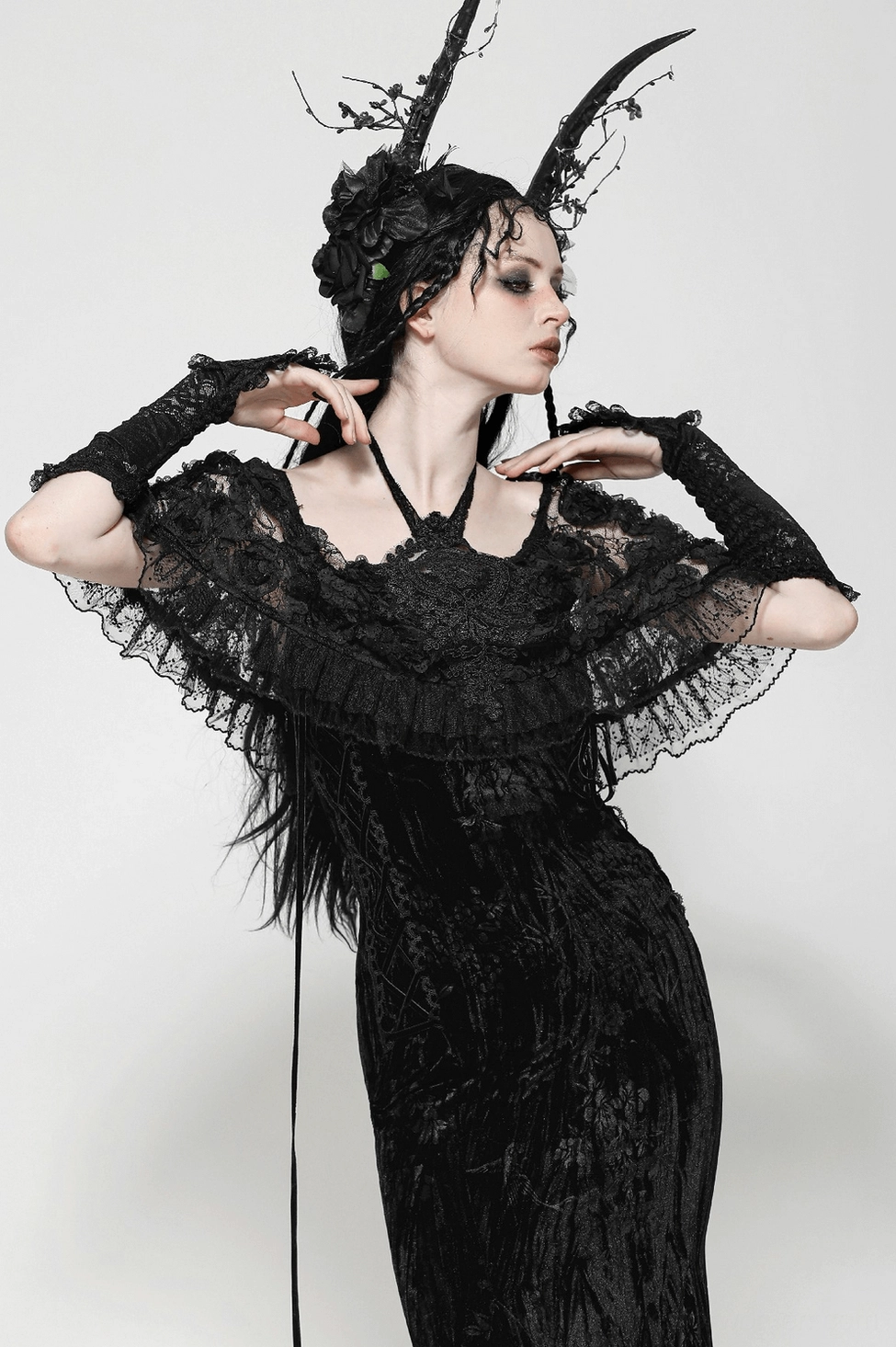 Black gothic lace velvet dress mermaid skirt with dramatic ruffled hem and floor-length design