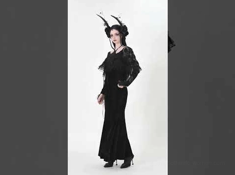 Black gothic velvet lace maxi dress mermaid silhouette, side profile full-body view
