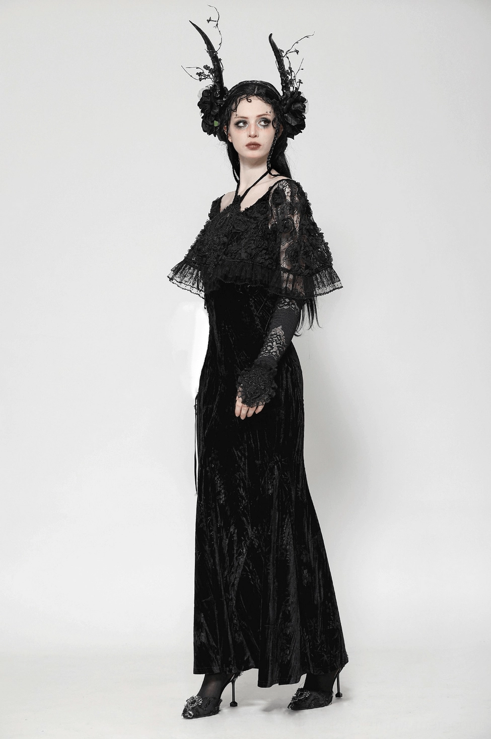 Black gothic lace velvet maxi dress full-body styled view with complementary accessories