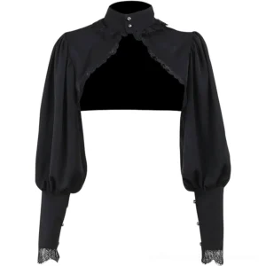 Black gothic lantern sleeve bolero front view on mannequin, featuring stand collar with metal snap buttons and puff sleeves with lace trim