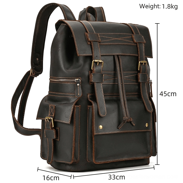 Black leather laptop backpack front view with size dimensions specifications