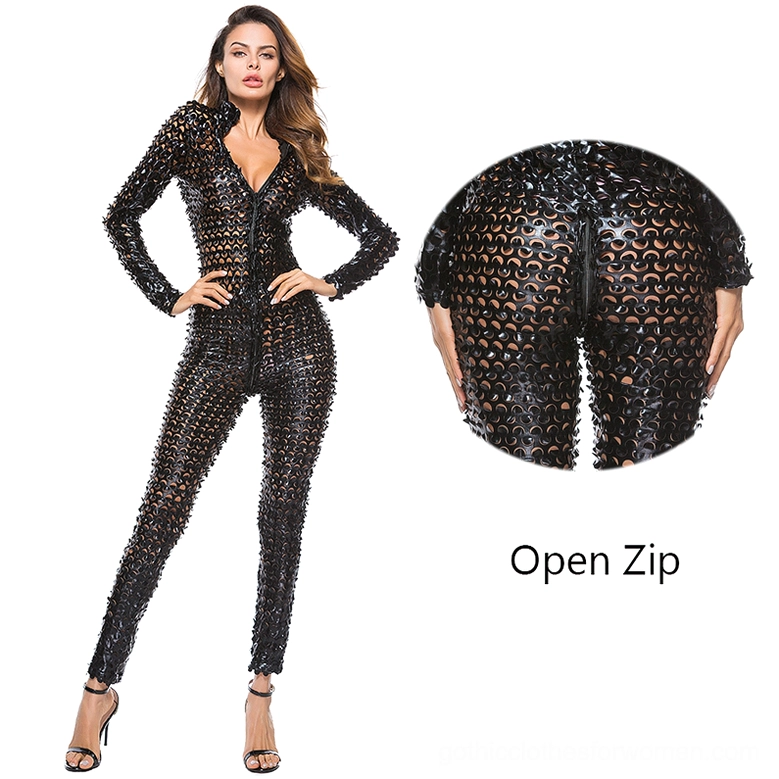 Black faux leather gothic jumpsuit with hollow cutout details and functional front zipper, editorial fashion photography