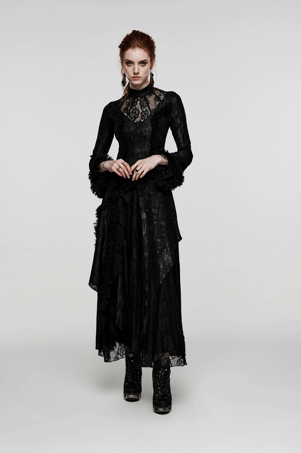 Product shot of black gothic lace maxi dress featuring complete design with asymmetrical hem and romantic layered skirt