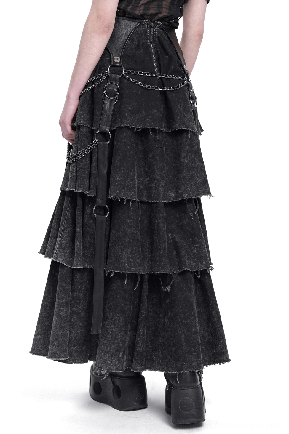 Back view of black gothic maxi skirt displaying back zipper closure with chain detail and multiple tiered layers
