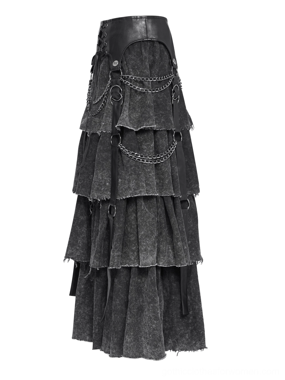 Side profile flat lay of black gothic skirt displaying leather waist panel and decorative chain straps