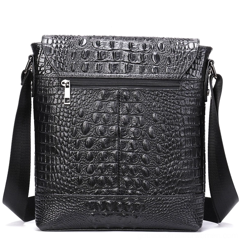 Black crocodile pattern leather bag showcasing exterior zipper pocket on front flap