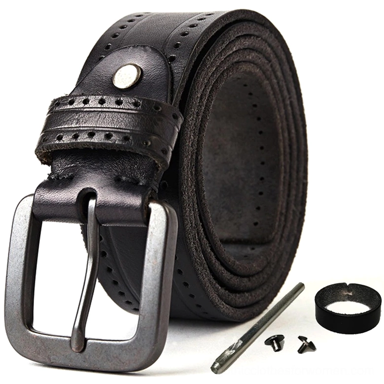 Black genuine leather gothic belt front view with dark matte metal buckle and decorative brogued strap trim on white studio background