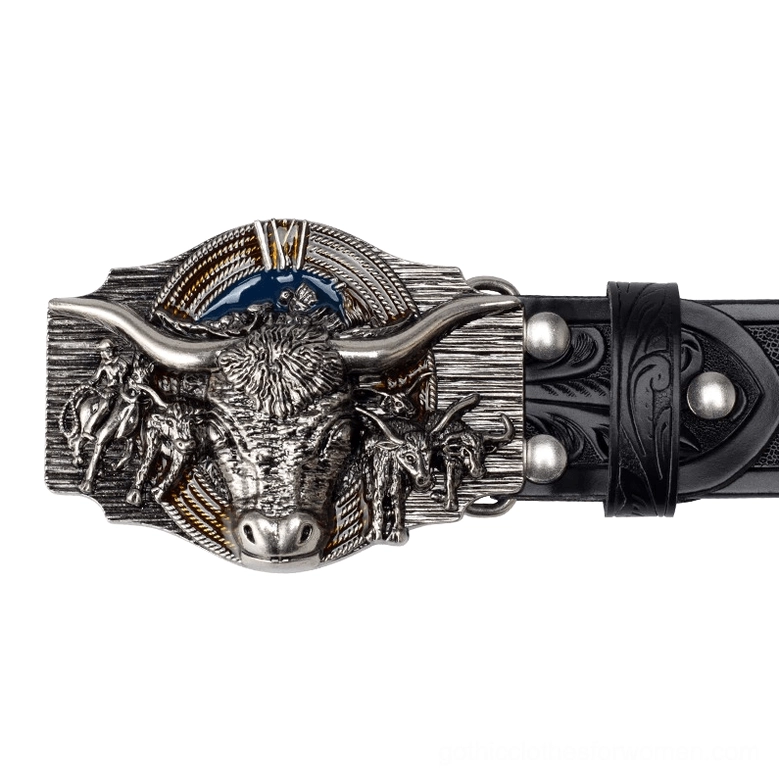 Black embossed gothic leather belt side profile, silver bull head buckle, alternative style detail