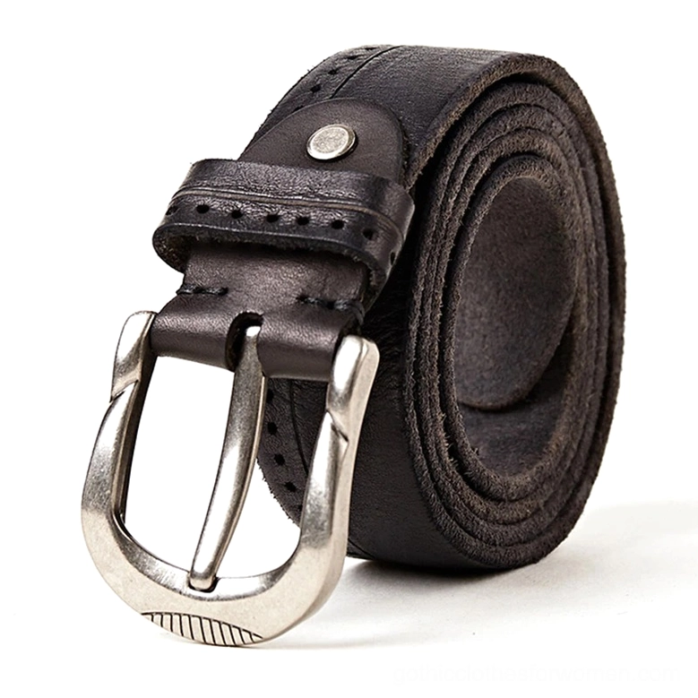 Black gothic leather belt with silver vintage buckle, full-grain cowskin, perforated adjustment holes, front close-up detail view