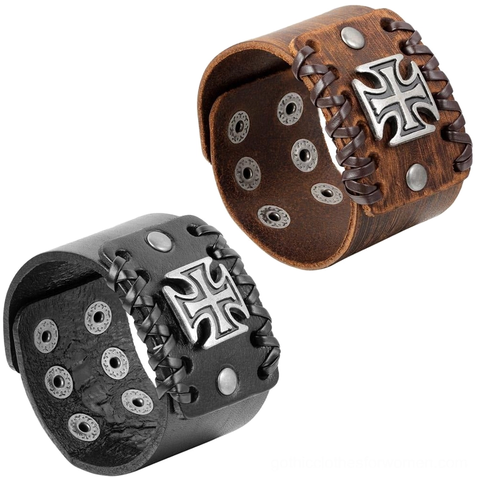 Black leather gothic cuff bracelet with Celtic cross - side profile showing stitched edges and metal rivets
