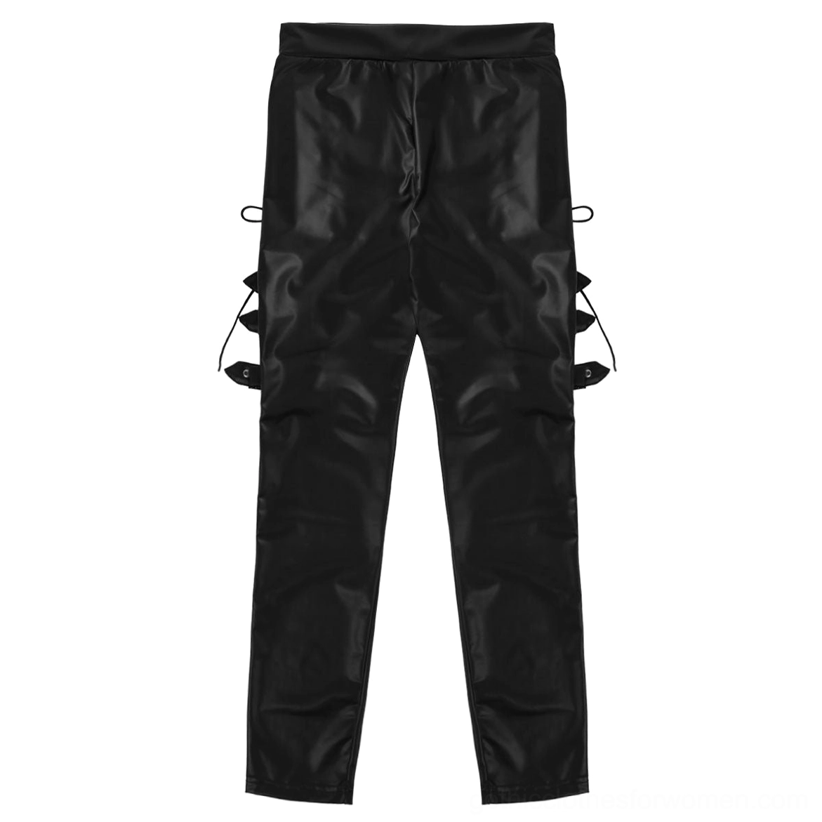 Flat lay of black faux leather gothic pants rear view, showing side buckle hardware details and full ankle-length slim cut
