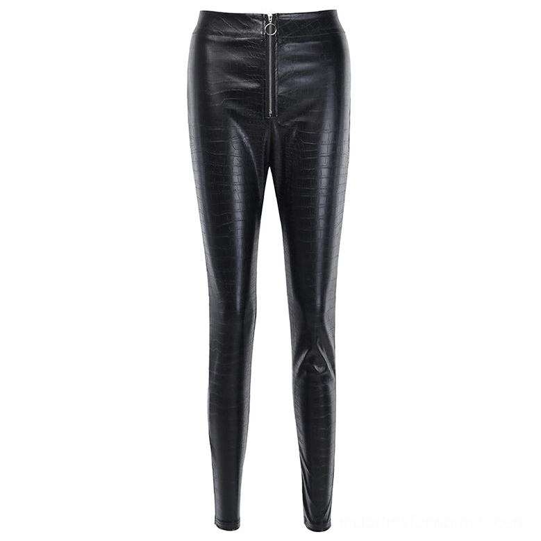 Full-body mannequin front view of black high-waist gothic faux leather pencil pants, smooth finish, ankle-length, slim fit design