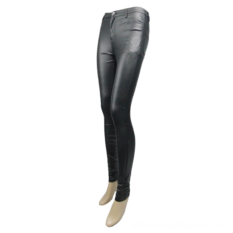 Side profile of black leather gothic pants on mannequin showing high-waist fit and tapered ankle opening