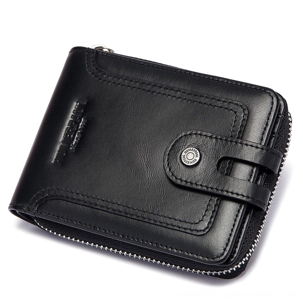 Black genuine leather gothic short wallet front oblique view with metal button strap and full zipper closure